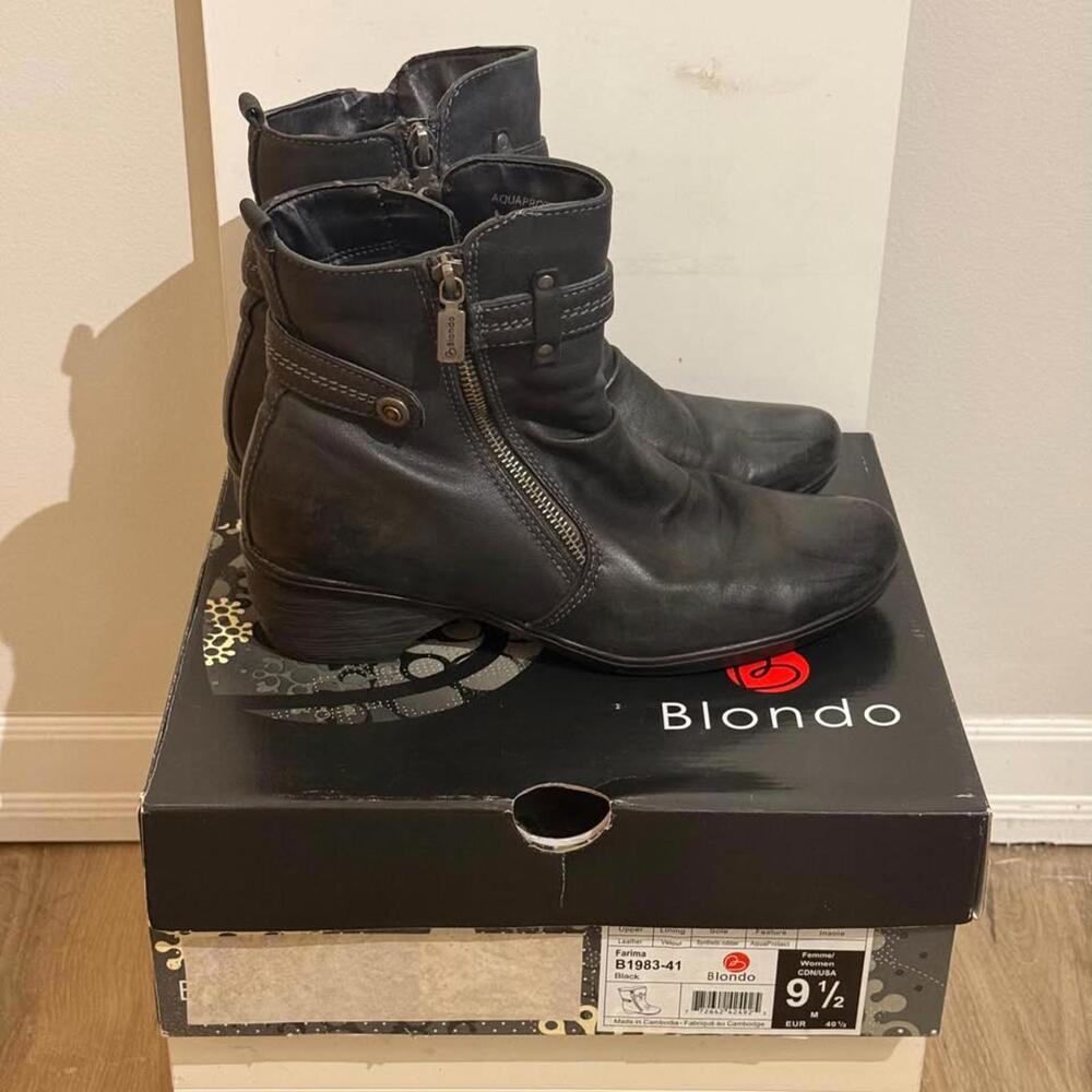 Blondo Farima Boots Sz 9.5 Black Leather Velour Lined Winter Heeled AquaProtect